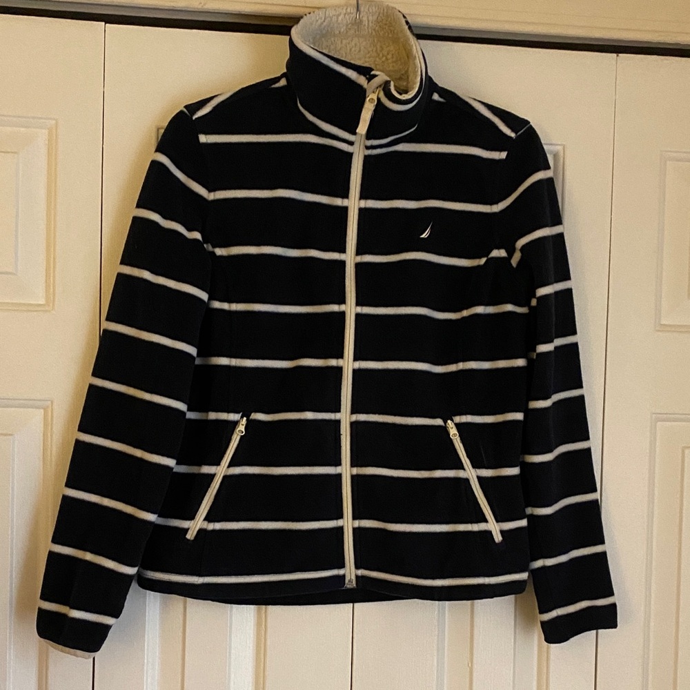 Nautica Navy and White Striped Fleece Jacket